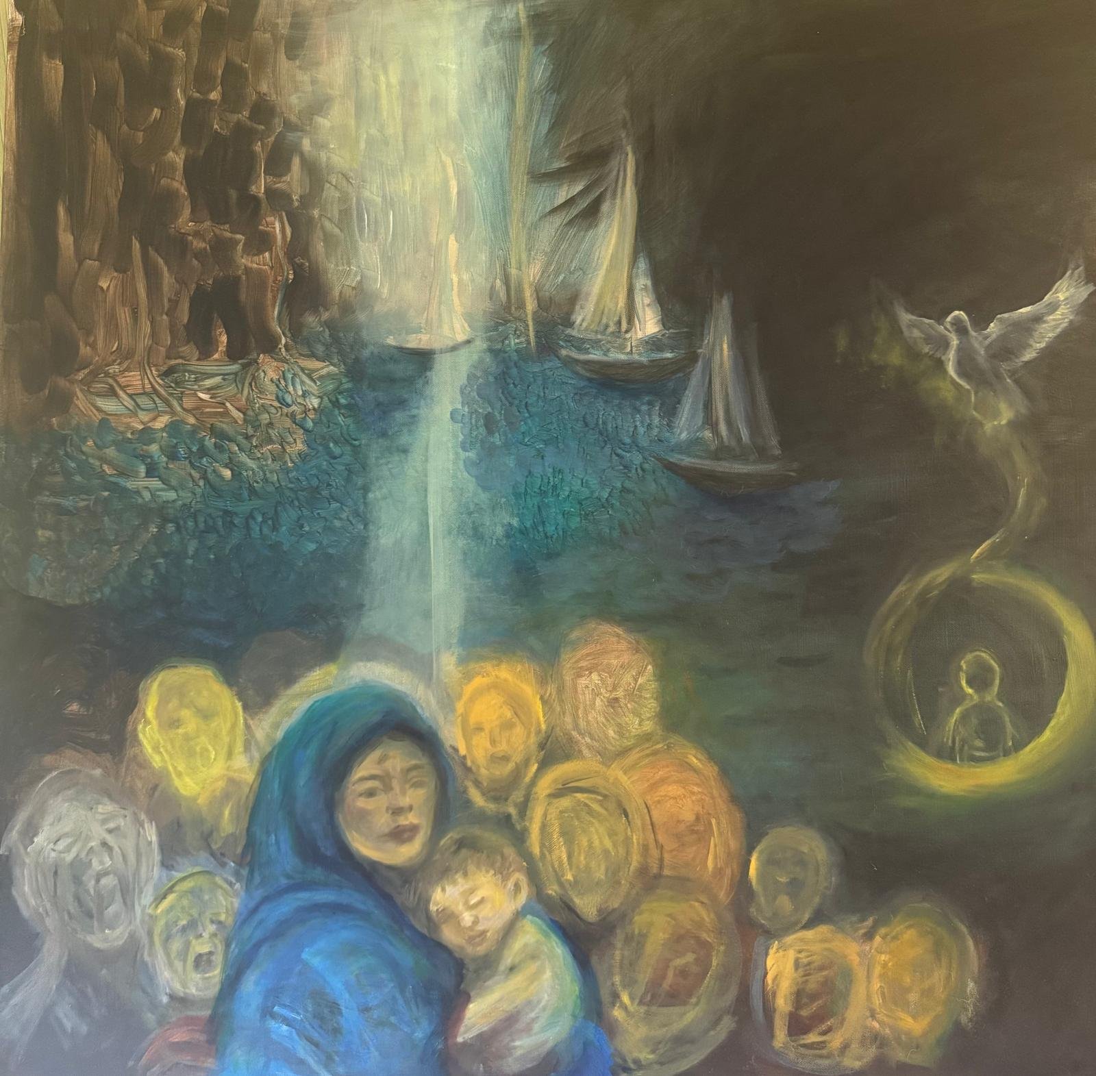 Schilderij — moeder met kind in blauw gehuld, lichtbundel uit de hemel, zeilboten op zee, een slang met figuur in cocoon rechts, gezichten rondom.